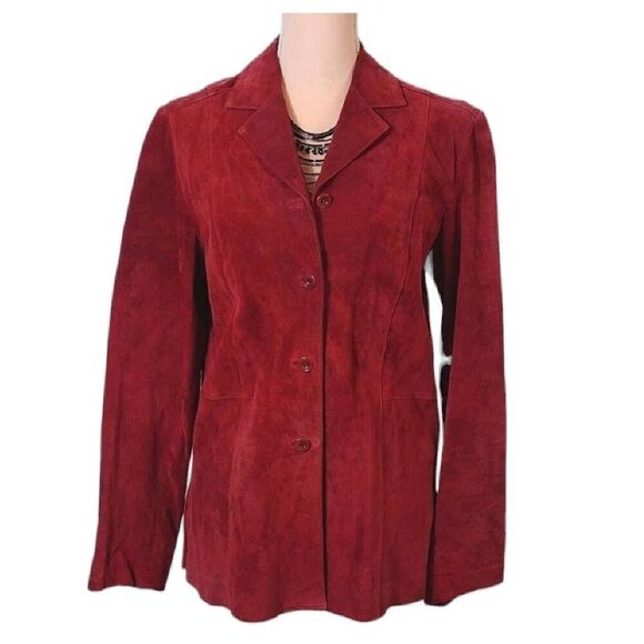 VTG 90s Red Genuine Leather Suede Single Breasted Blazer Jacket Medium - Picture 1 of 15
